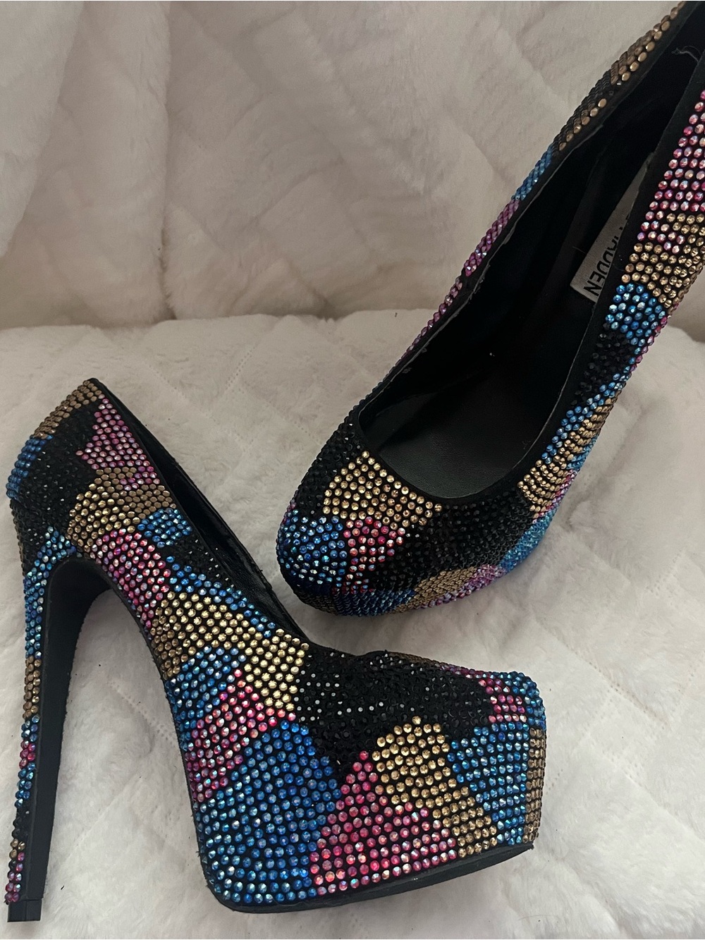 Steve Madden Black Multicolor Crystal Platform Heels
